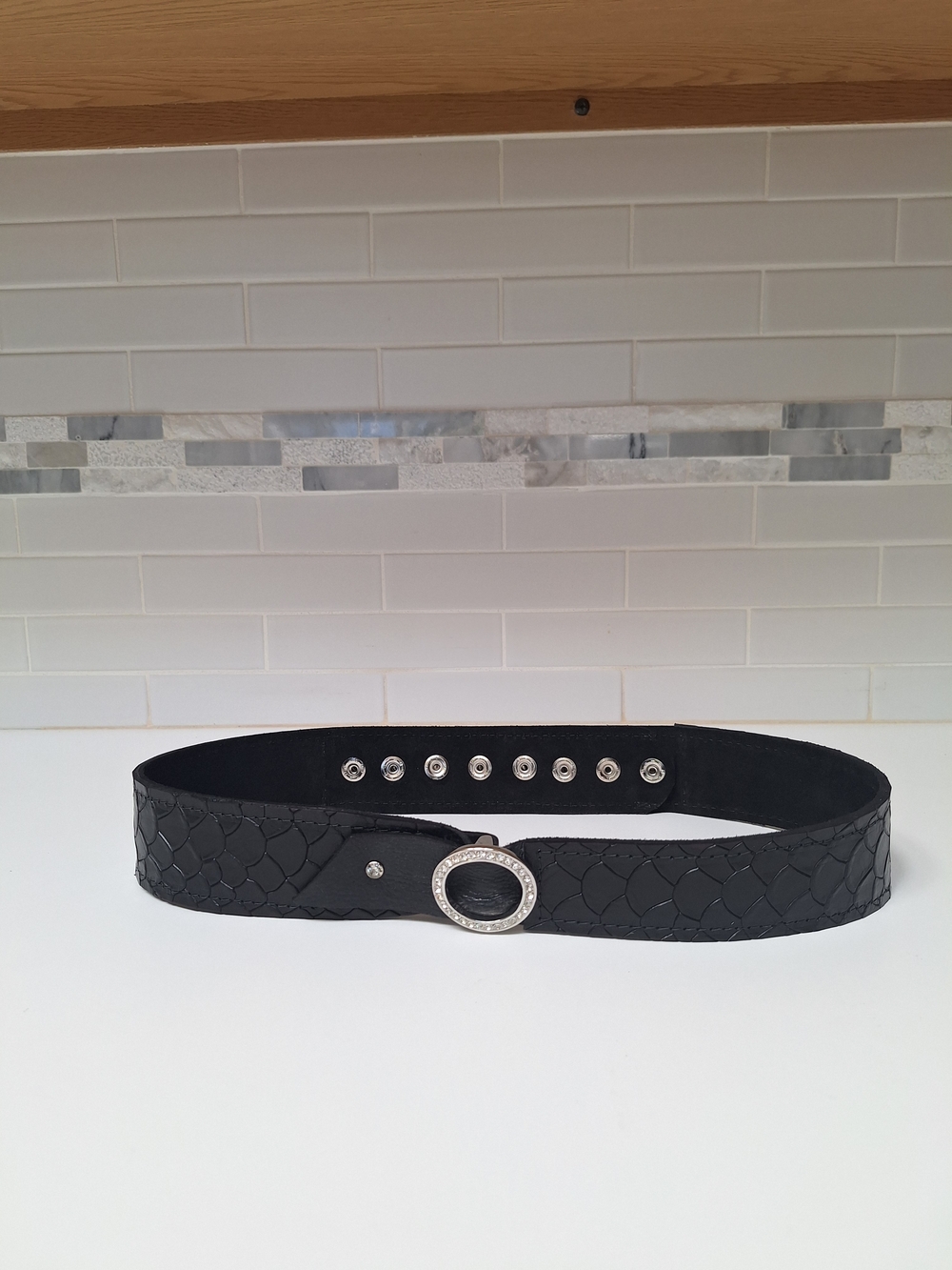 Black Textured Faux Leather Belt with Rhinestone Circle Buckle